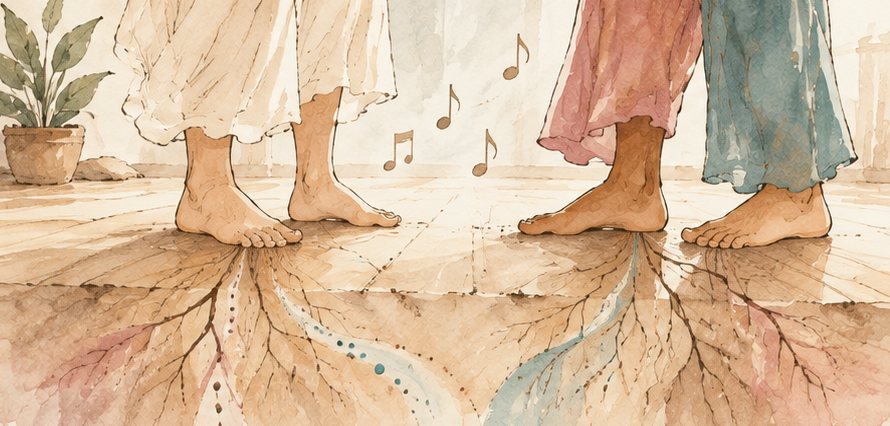 Illustratie: blote voeten op een houten vloer, met wortels die de aarde in lopen en muzieknoten erboven