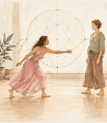 Illustratie: een danser reikt met een hand naar een tweede persoon, verbonden door een stippellijn